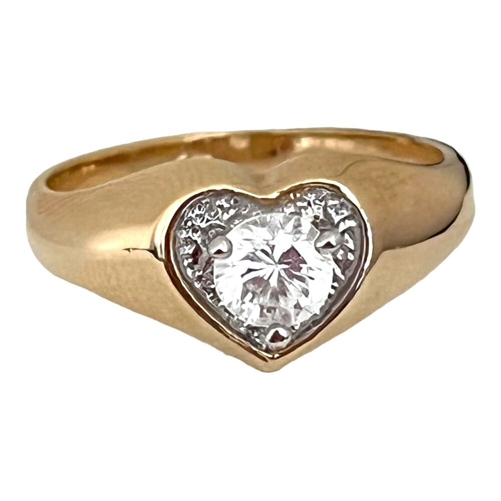 Vintage Ring Size 8 Heart Shaped Cubic Zirconia 14K Gold Plate Mid-Century 14V